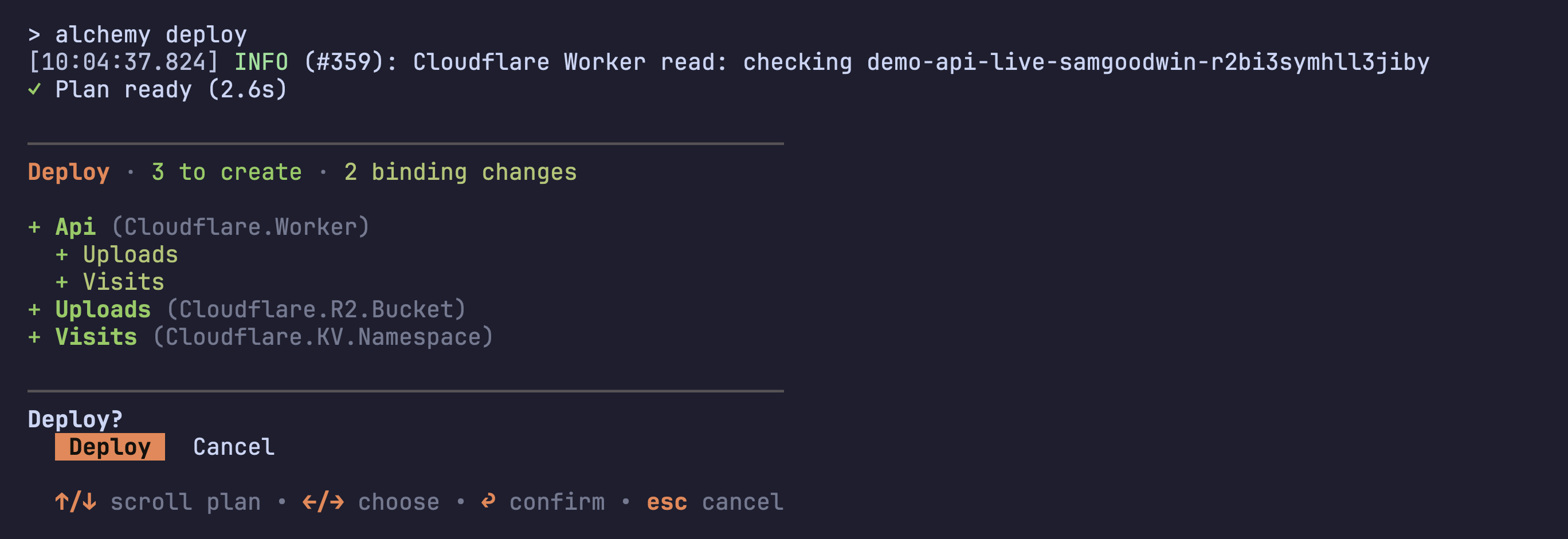 the deploy plan: 3 to create, 2 binding changes, Deploy highlighted