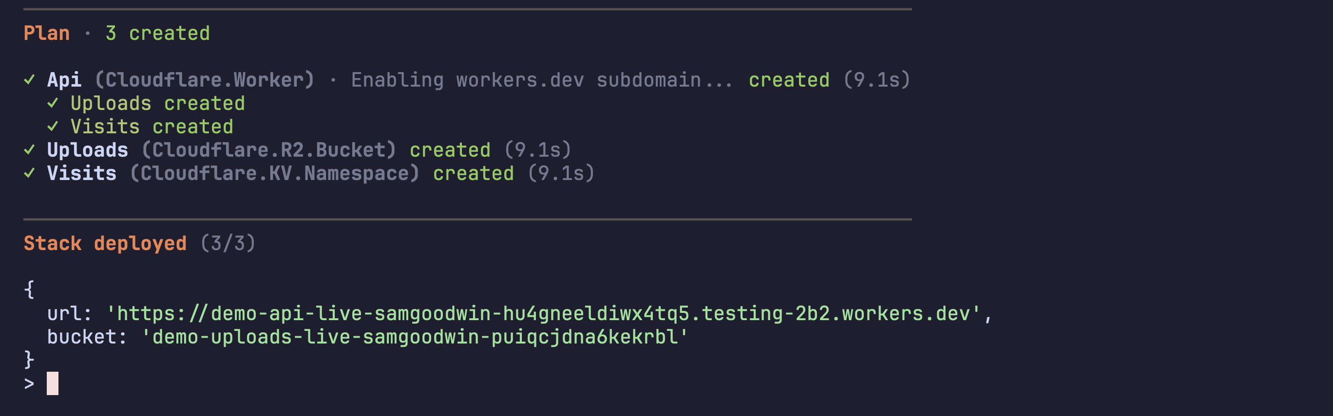 stack deployed: url and bucket outputs