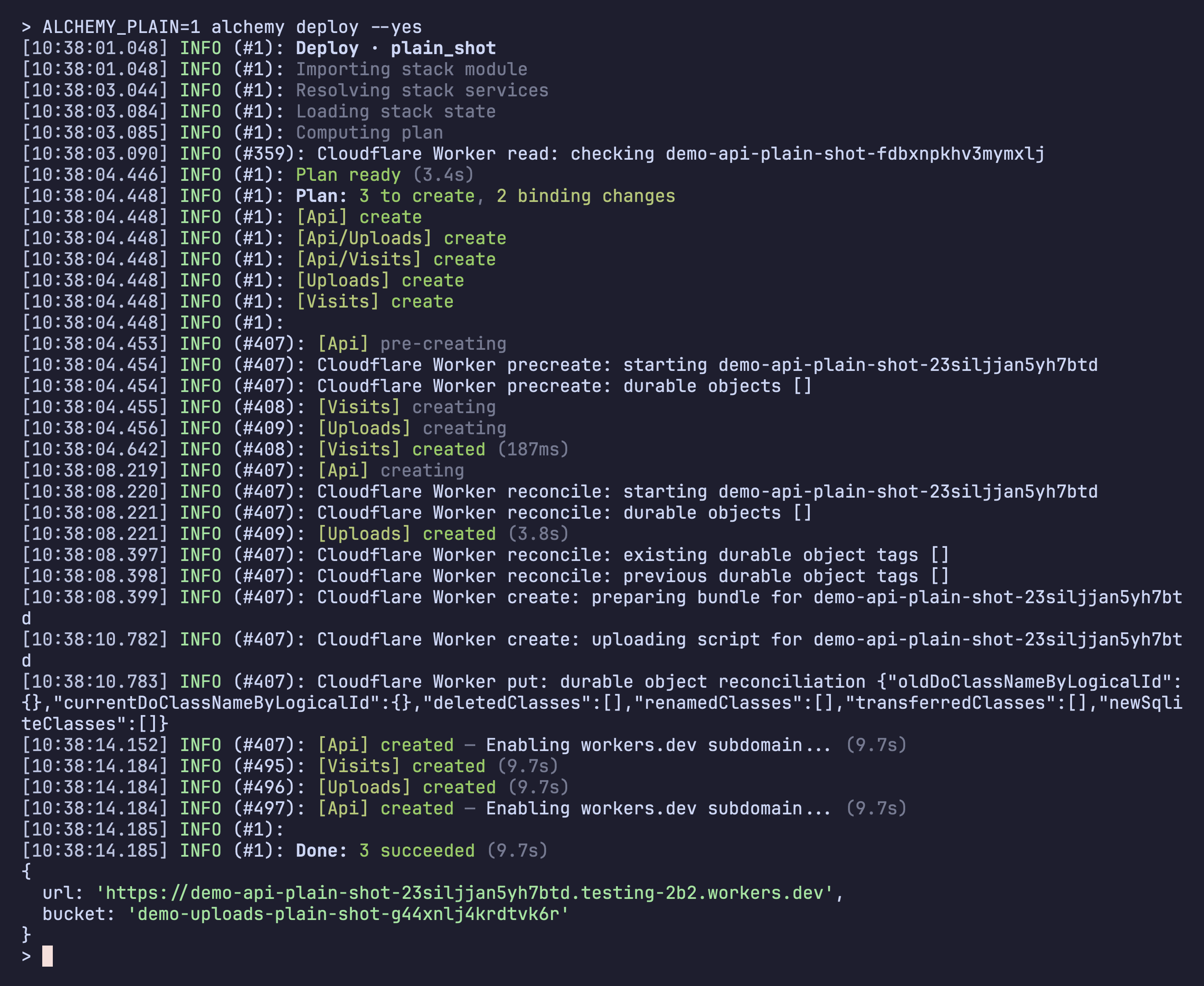 ALCHEMY_PLAIN=1 alchemy deploy –yes: timestamped log lines for the plan, each create, Done: 3 succeeded, and the outputs