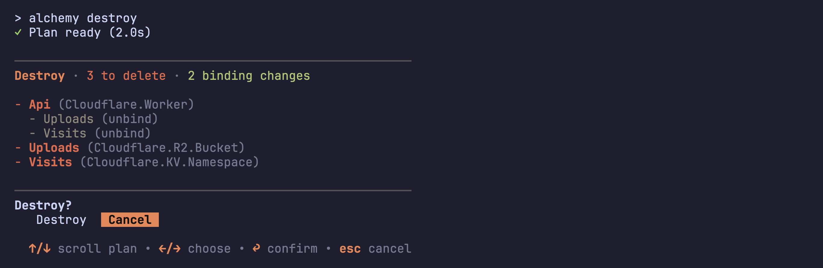 the destroy plan: 3 to delete, Cancel highlighted