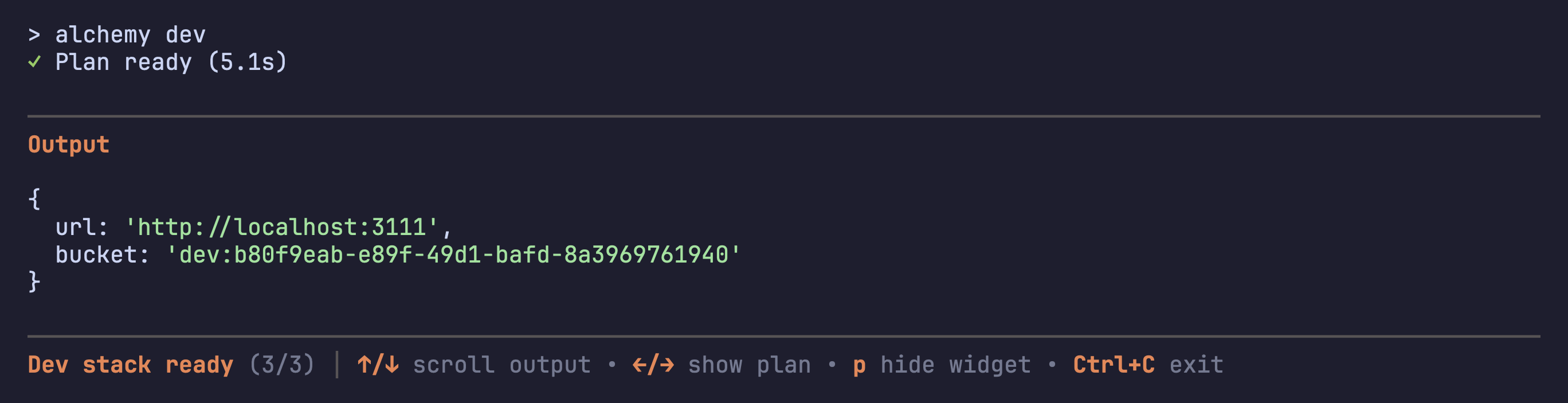 alchemy dev running, output widget showing the local url and bucket