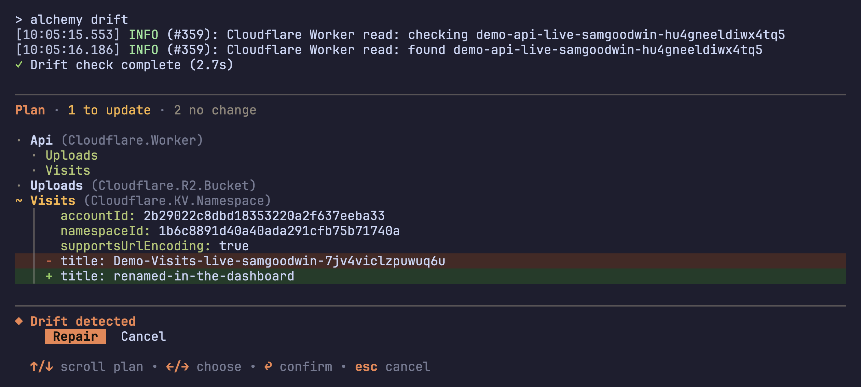 drift detected: title changed on the KV namespace, Repair highlighted