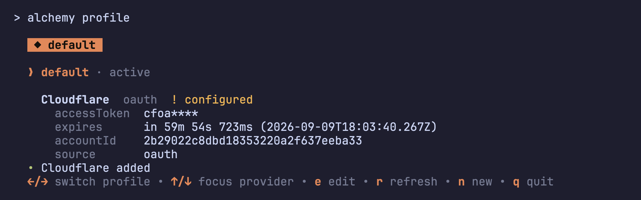 the dashboard after connecting: Cloudflare via oauth, token expiry, account id