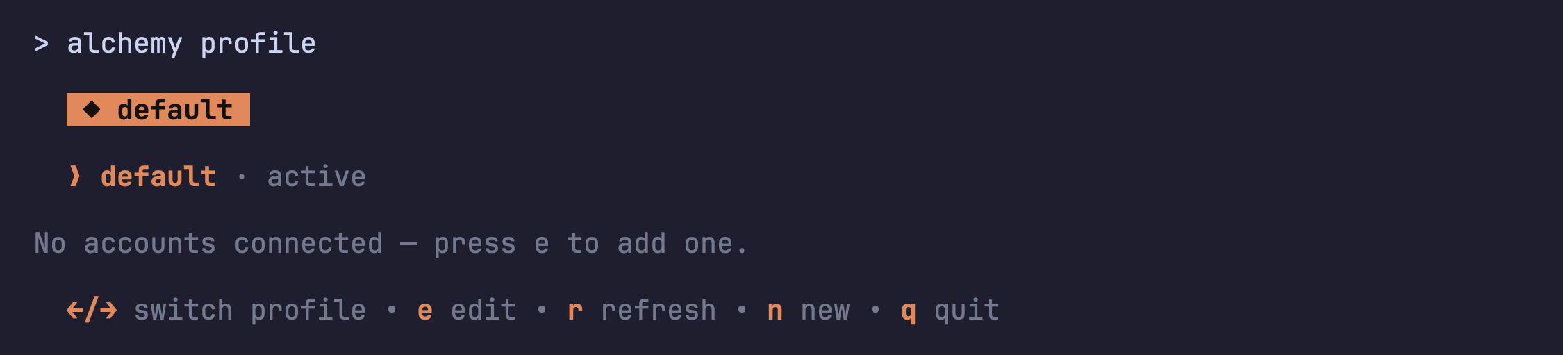 alchemy profile on a fresh machine: one empty default profile