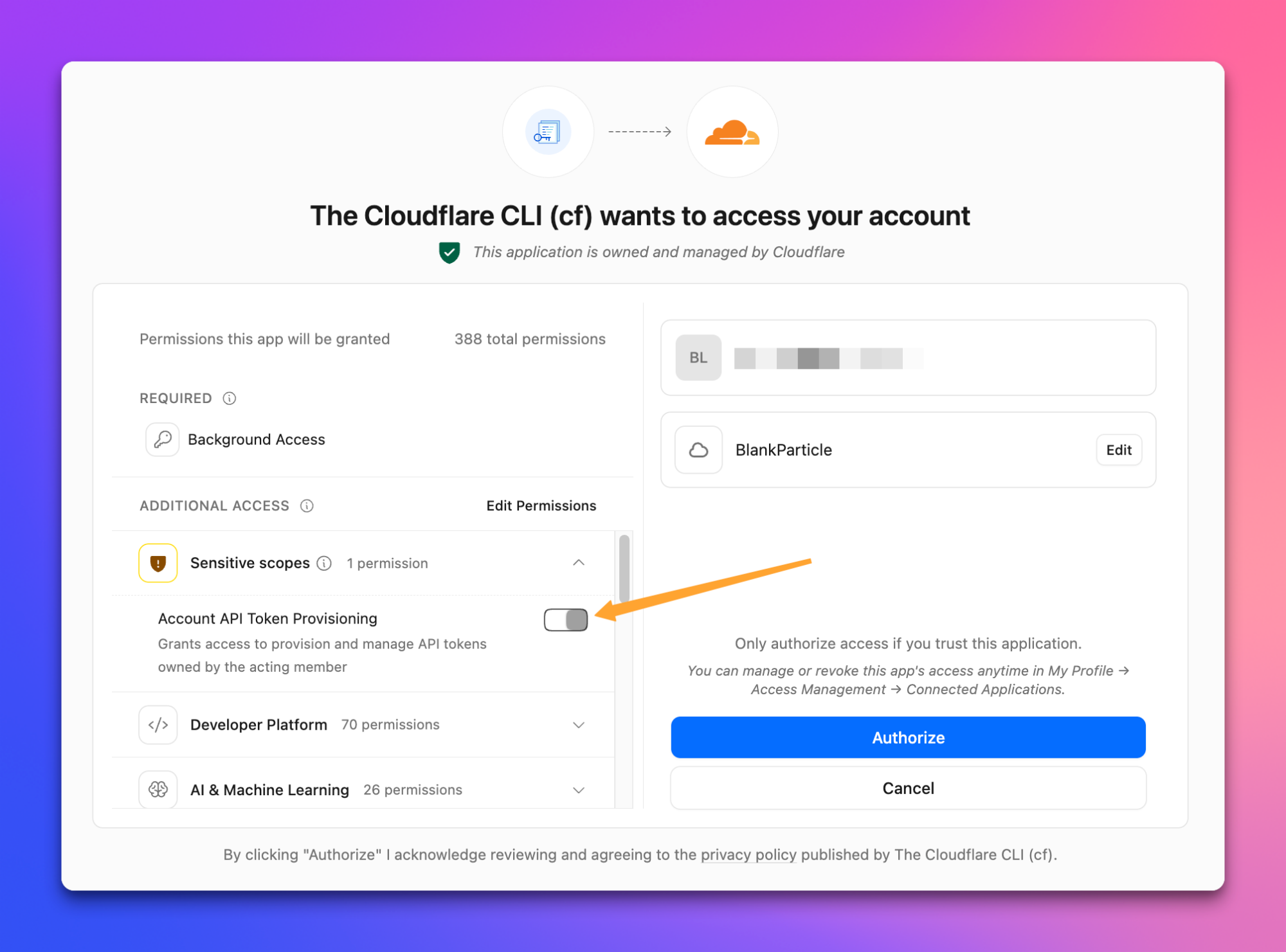 Cloudflare’s consent page with the Account API Token Provisioning toggle under Sensitive scopes